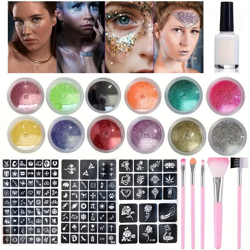 Body Jewelry Glue - 12 สีของกลิตเตอร์ DIY แฟลชสัก,รวมหลายสักเทมเพลตชุดแปรงกาว,DIY กลิตเตอร์สติกเกอร์การ์ตูนสักชุด