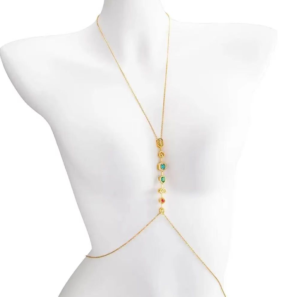 Body Jewelry Waterproof - พูรุย สร้อยคอและสร้อยเอวสแตนเลสประดับเพทายหลากสีสัน สำหรับผู้หญิง ฤดูร้อน เซ็กซี่ ใส่กับบิกินี่