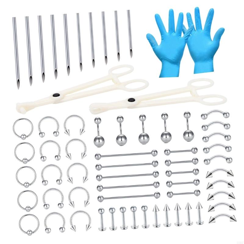 Body Jewelry Gauges - ชุดเครื่องประดับเจาะ 64 ชิ้นที่สมบูรณ์ประกอบด้วยแหวนริมฝีปากกระดุมลาเบรตและบาร์เบลล์ E0BF