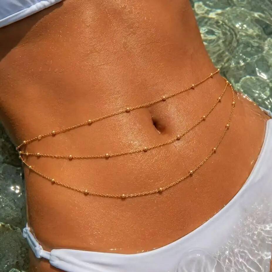 Body Jewelry Waterproof - IngeSight.Z แฟชั่นโบโฮเซ็กซี่หลายชั้นประดับด้วยลูกปัดโซ่คาดเอวผู้หญิง 18K ชุบทองสแตนเลสเครื่องประดับกันน้ำ