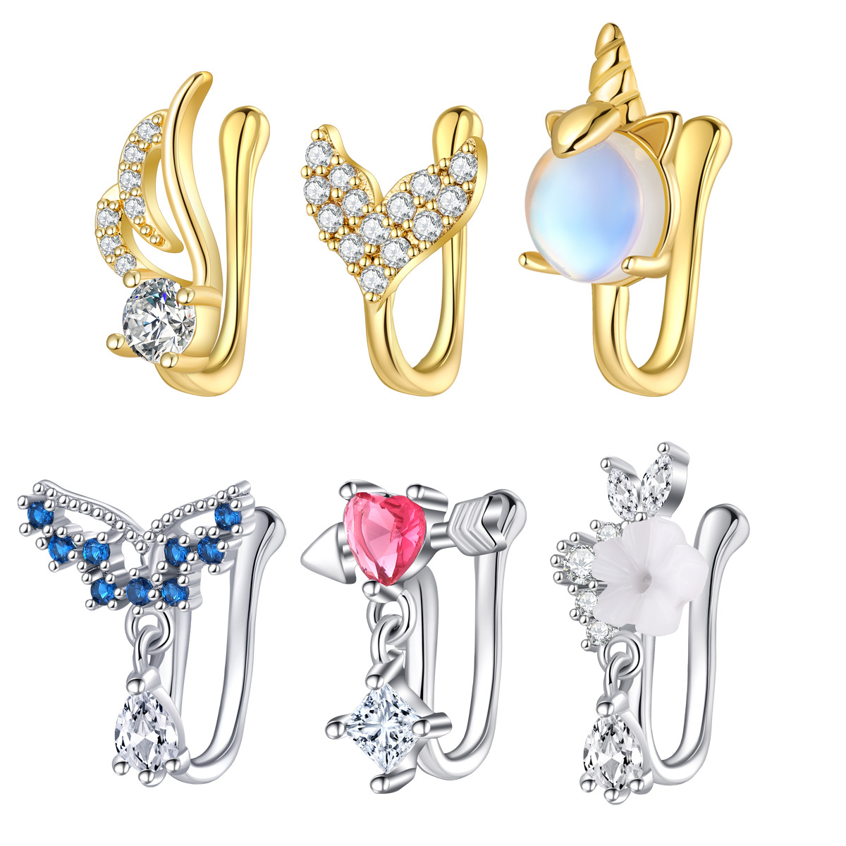 Body Jewelry Quality - เครื่องประดับเจาะจมูกปลอมทองแดงคุณภาพสูงพร้อมข้อมือจมูก CZ ไม่มีคลิปเจาะบนแหวนจมูกสําหรับผู้หญิง Faux เจาะ