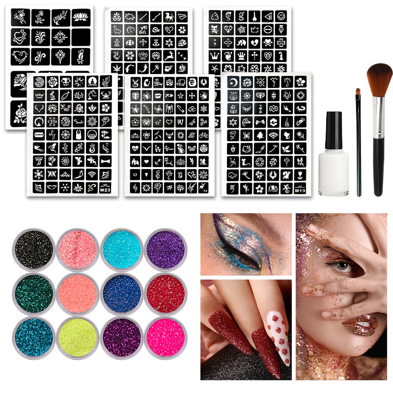 Body Jewelry Glue - ชุดสติ๊กเกอร์กากเพชร 12 สี พร้อมแปรง สำหรับติดหน้าและตัว กันน้ำ